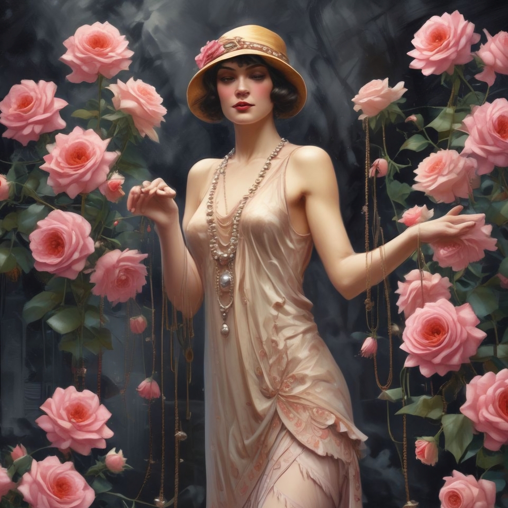 Elegant Flapper Lady with Pink Roses Art Print 8x10